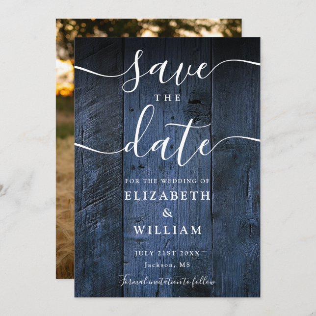 Blue Rustic Barn Wood Boho Chic Photo Wedding  Save The Date (Front/Back)