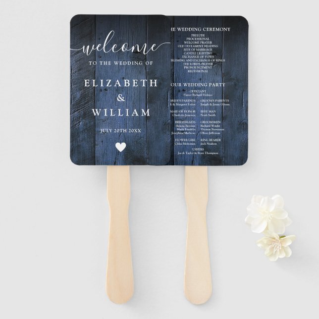 Blue Rustic Barn Wood Boho Wedding Program Hand Fan (Front and Back)