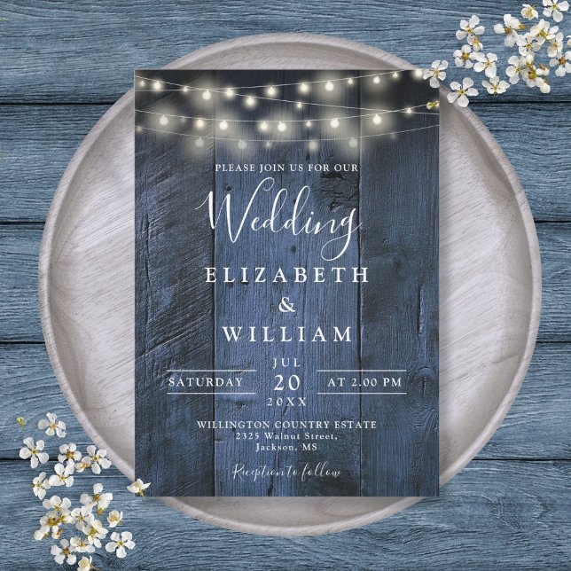 Blue Rustic Barn Wood String Lights Wedding Invitation (Blue Rustic Barn Wood String Lights Wedding Invitation)