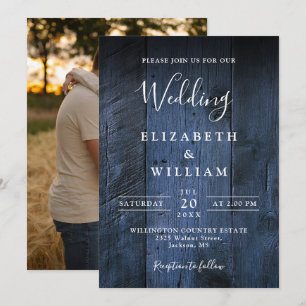 Blue Rustic Boho Barn Wood Photo Wedding Invitation