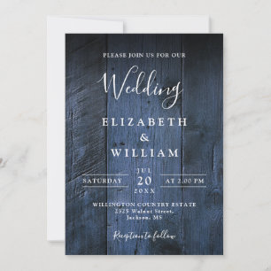 Blue Rustic Boho Elegant Barn Wood Wedding Invitation