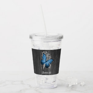 Blue Rustic Butterfly Personalized Acrylic Tumbler