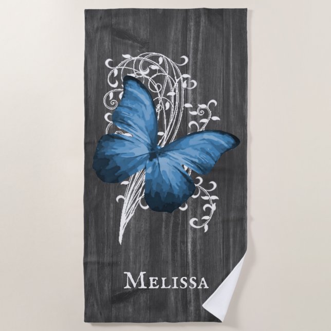 Blue Rustic Butterfly Personalized Beach Towel (Front)