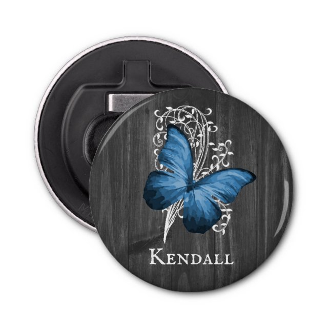 Blue Rustic Butterfly Personalized Bottle Opener (Front)