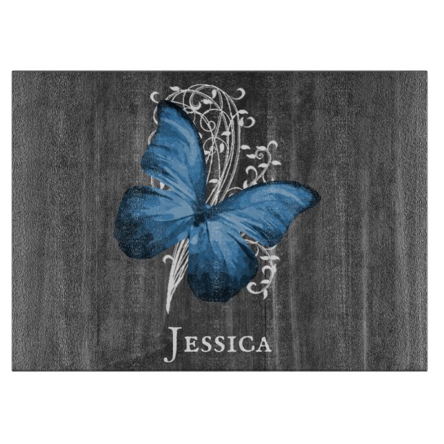 Blue Rustic Butterfly Personalized Cutting Board (Front)