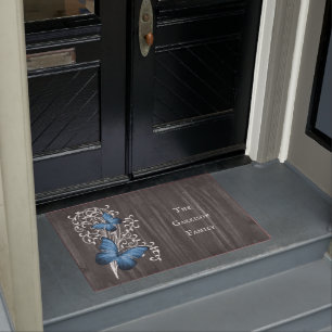 Blue Rustic Butterfly Personalized Doormat