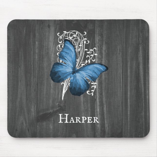Blue Rustic Butterfly Personalized Mouse Pad (Front)