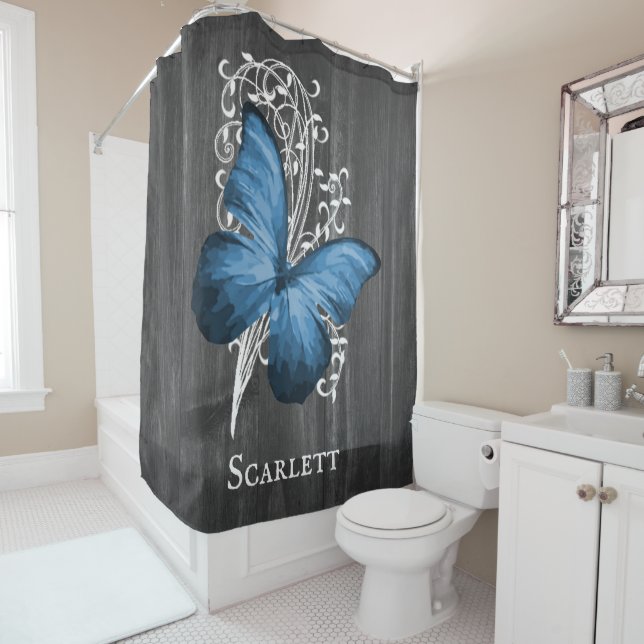 Blue Rustic Butterfly Personalized Shower Curtain (In Situ)