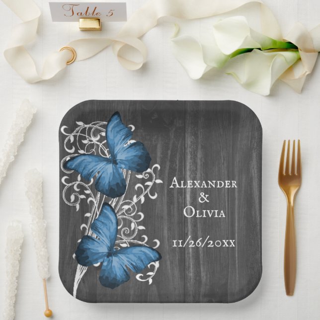 Blue Rustic Butterfly Wedding Paper Plate (Wedding)