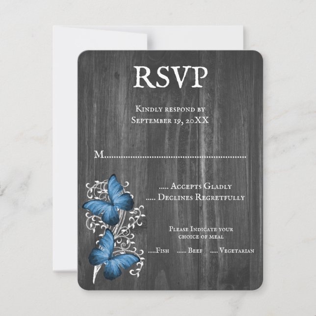 Blue Rustic Butterfly Wedding RSVP Card (Front)