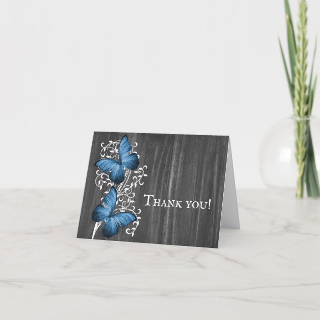 Blue Rustic Butterfly Wedding Thank You Cards (Front)