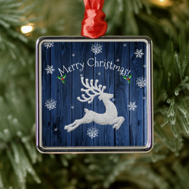 Blue Rustic Christmas Reindeer Ceramic Ornament (Tree)