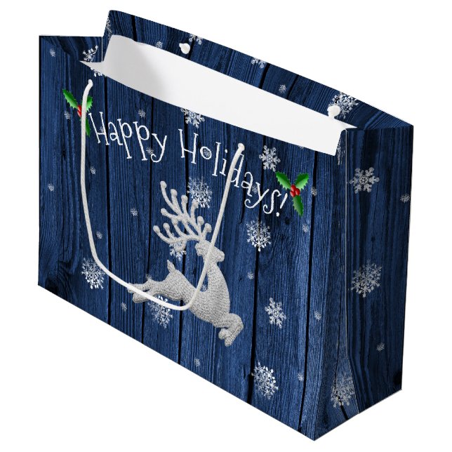 Blue Rustic Christmas Reindeer Gift Bag (Front Angled)
