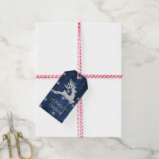 Blue Rustic Christmas Reindeer Gift Tag (With Twine)