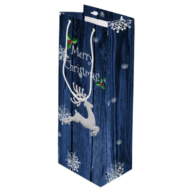 Blue Rustic Christmas Reindeer Wine Gift Bag (Front Angled)