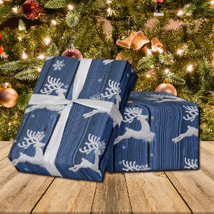 Blue Rustic Christmas Reindeer Wrapping Paper