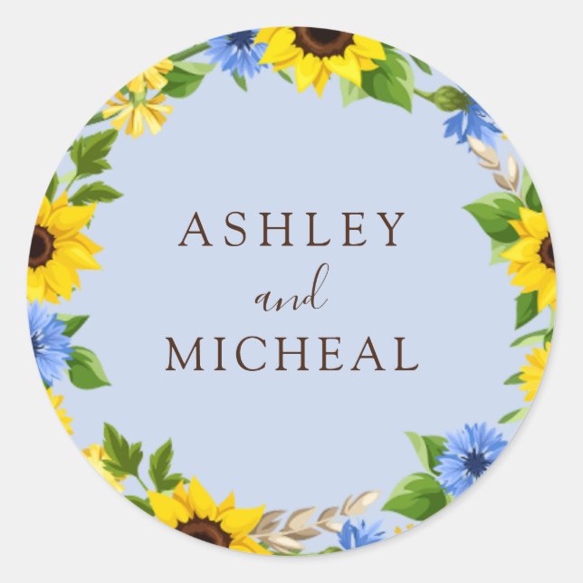 Blue Rustic Fall Sunflower Wreath Wedding Sticker (Front)