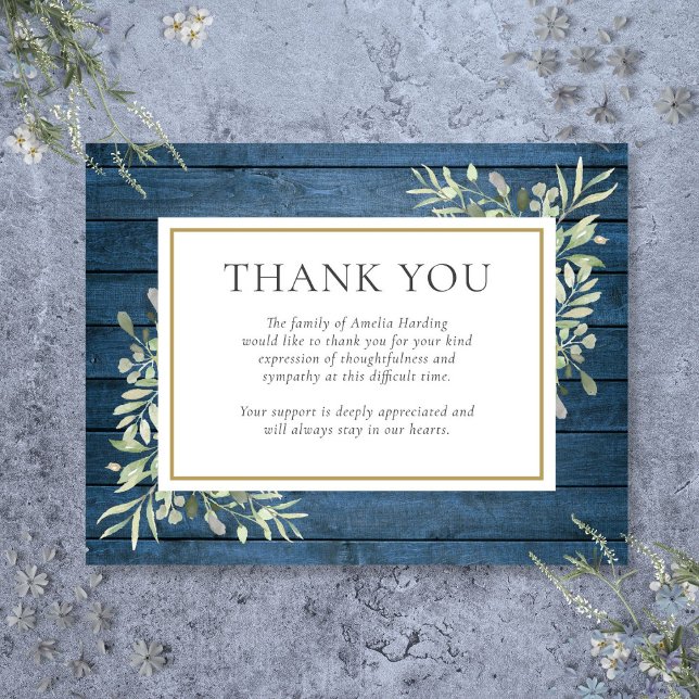 Blue Rustic Greenery Funeral Celebration of Life Thank You Card (Blue Rustic Greenery Funeral Celebration of Life Thank You Card)