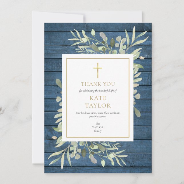 Blue Rustic Greenery Funeral Memorial Gold Cross Thank You Card (Front)