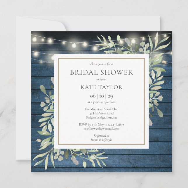 Blue Rustic Greenery Photo QR Code Bridal Shower Invitation (Front)