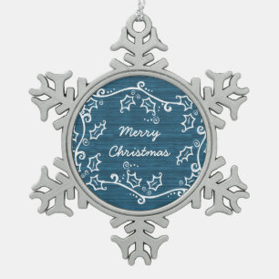 Blue Rustic Holly Snowflake Ornament