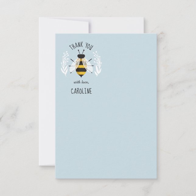 Blue Rustic Illustrated Bee Flat Thank You Note (Front)