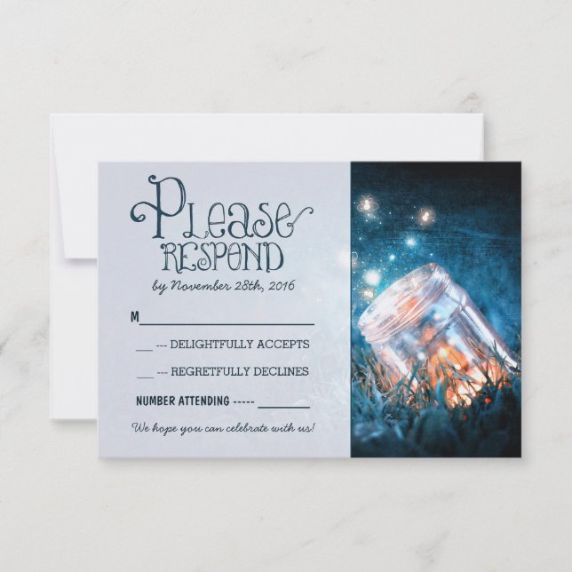 blue rustic lights mason jar wedding RSVP Card (Front)