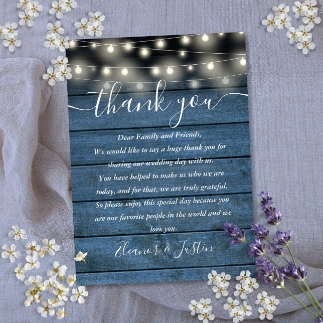 Blue Rustic Lights Wedding Thank You Place Card (Blue Rustic Lights Wedding Thank You Place Card)