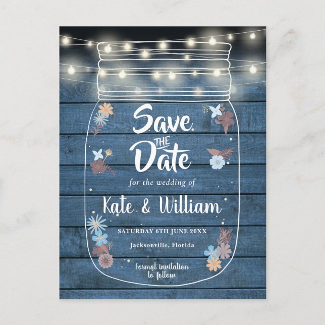 Blue Rustic Mason Jar String Lights Save The Date Announcement Postcard (Front)