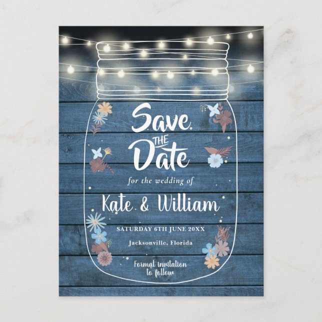 Blue Rustic Mason Jar String Lights Save the Date Invitation Postcard (Front)