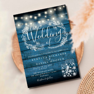 Blue Rustic Mason Jar String Lights Script Wedding Invitation