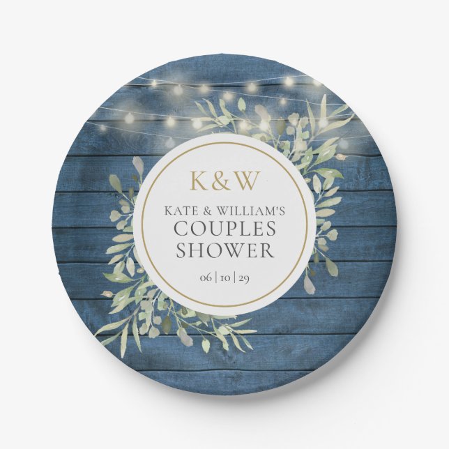 Blue Rustic Monogram Greenery Couples Shower Paper Plate (Front)