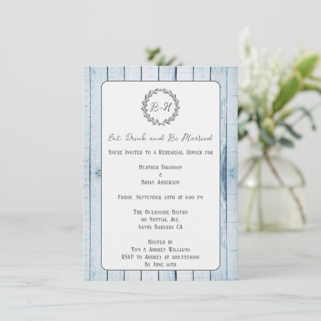 Blue Rustic Monogram Rehearsal Dinner Invitation (Standing Front)