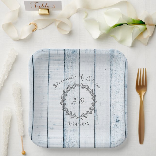 Blue Rustic Monogram Wedding Shower Paper Plates (Wedding)