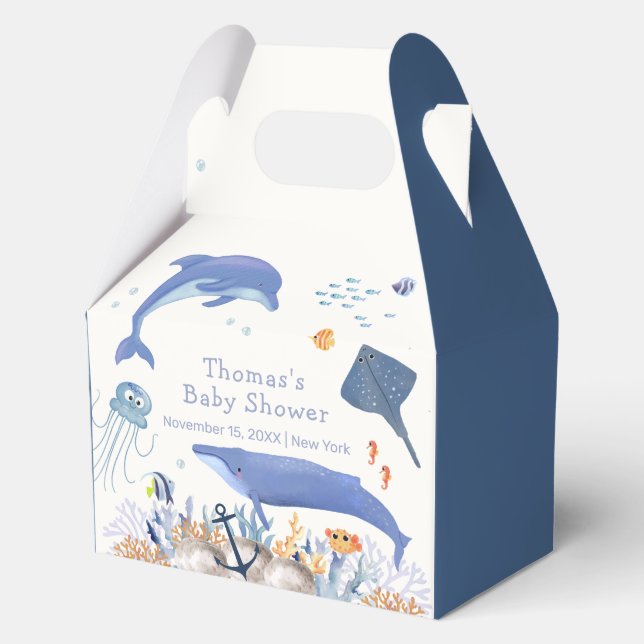 Blue Rustic Ocean Dolphin Whale Boy Baby Shower  Favor Box (Front)