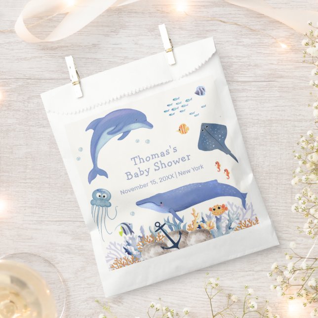Blue Rustic Ocean Dolphin Whale Boy Baby Shower  Favour Bag (Clipped)