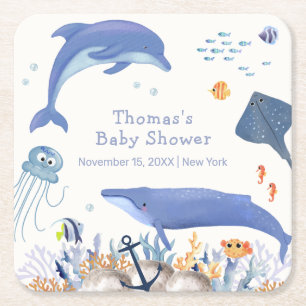 Blue Rustic Ocean Dolphin Whale Boy Baby Shower  Square Paper Coaster