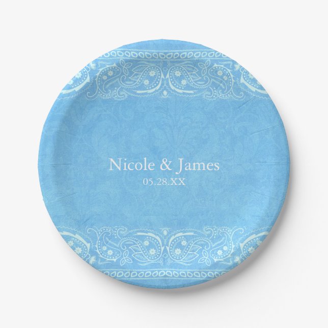Blue Rustic Paisley Country Western Wedding Paper Plate (Front)