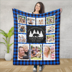 Blue Rustic Plaid Bear Woods Family Cabin Photo Fleece Blanket