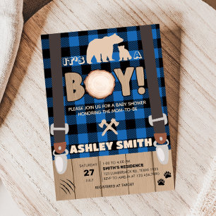 Blue Rustic Plaid Lumberjack Baby Shower  Invitation