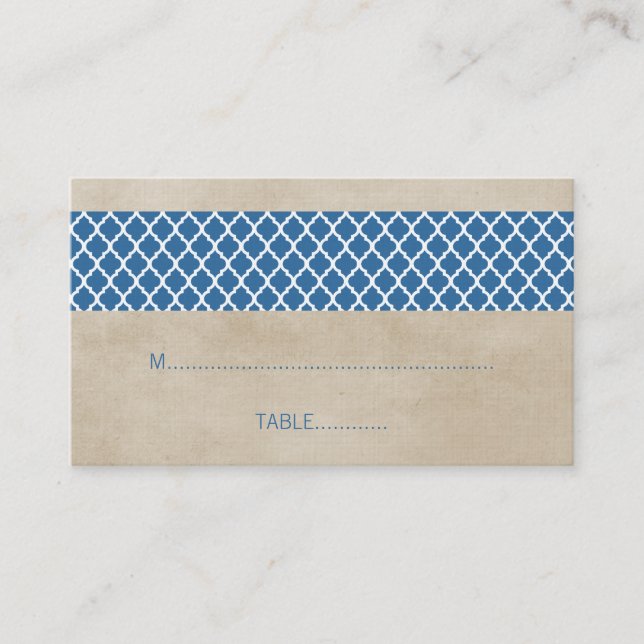 Blue Rustic Quatrefoil Wedding Place Card (Front)
