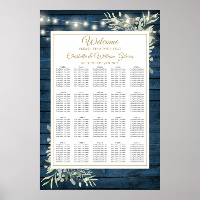 Blue Rustic String Lights Floral Seating Chart (Front)