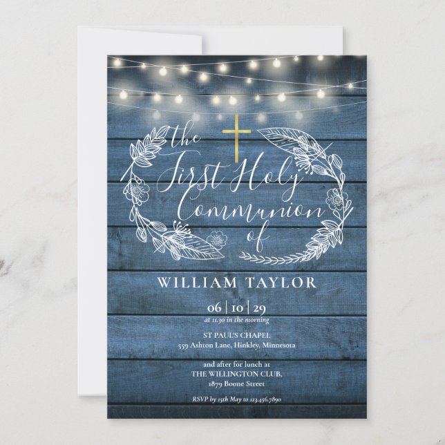 Blue Rustic String Lights Foliage First Communion Invitation (Front)