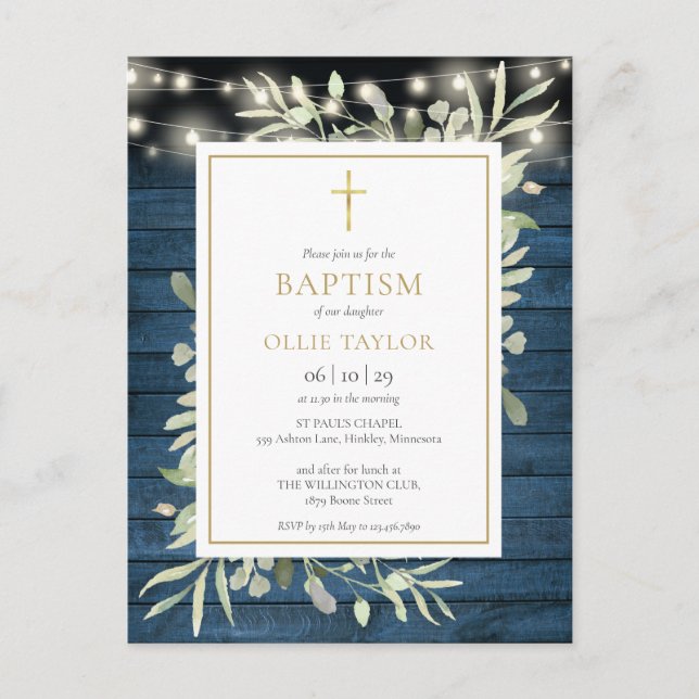 Blue Rustic String Lights Greenery Baptism Invitation Postcard (Front)