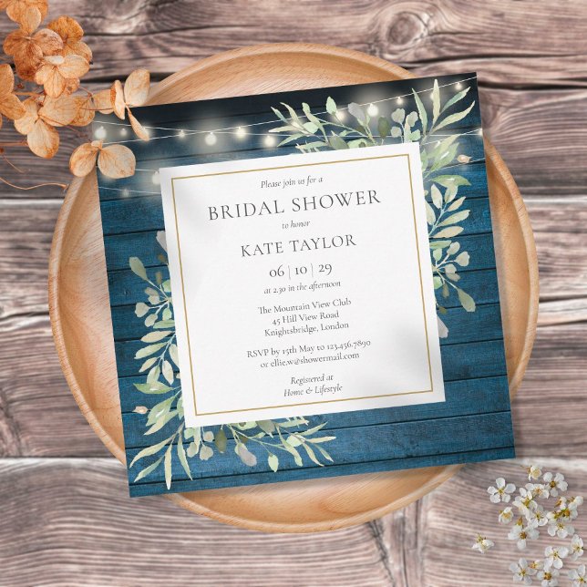Blue Rustic String Lights Greenery Bridal Shower Invitation (Creator Uploaded)