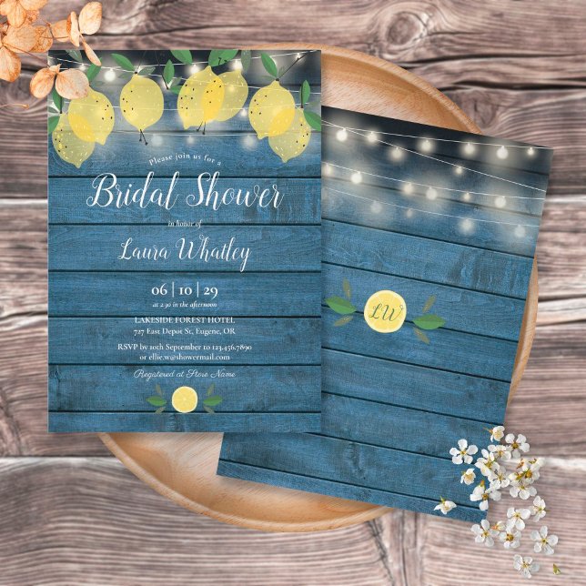 Blue Rustic String Lights Lemons Bridal Shower Invitation (Creator Uploaded)