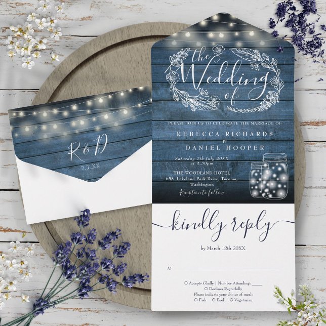 Blue Rustic String Lights Mason Jar Floral Wedding All In One Invitation (Blue Rustic String Lights Mason Jar Floral Wedding All In One Invitation)