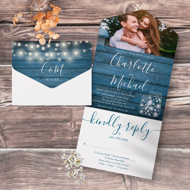 Blue Rustic String Lights Mason Jars Photo Wedding All In One Invitation (Creator Uploaded)