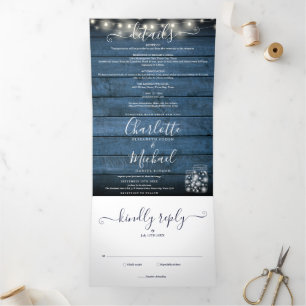 Blue Rustic String Lights Mason Jars Photo Wedding Tri-Fold Invitation