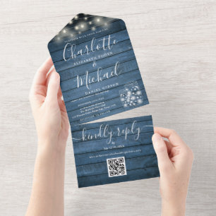 Blue Rustic String Lights Mason Jars QR Wedding Al All In One Invitation